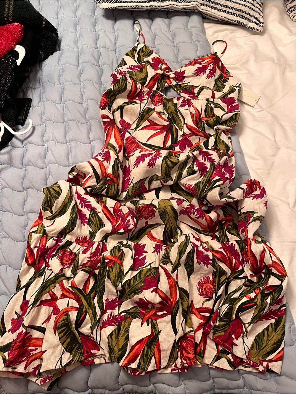 Floral Print Tiered Summer Dress - beige with pink & Green